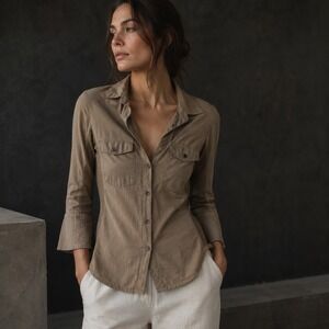 James Perse Button Down Shirt Womens S 1 Taupe Brown Ribbed Panel WLC3321CU